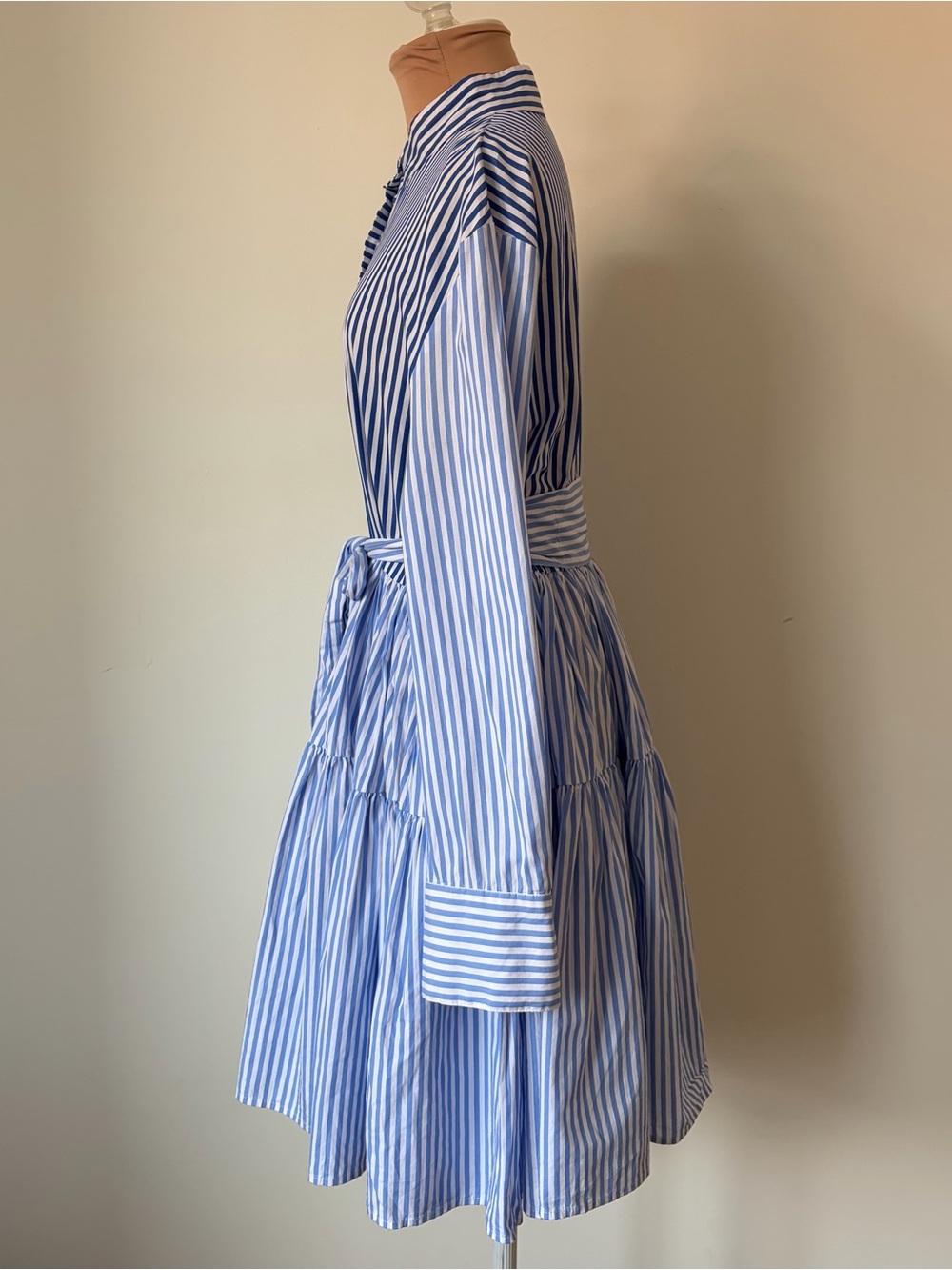 Bohemian Traders Pinstripe Long Sleeve A-Line Waist Tie Blue White Mini Dress M - Picture 3 of 12